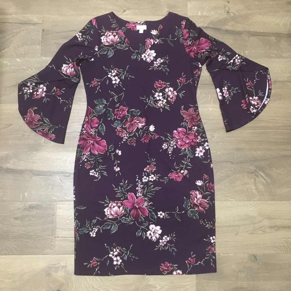 Olivia Matthews Floral print purple pencil dress with bell sleeve